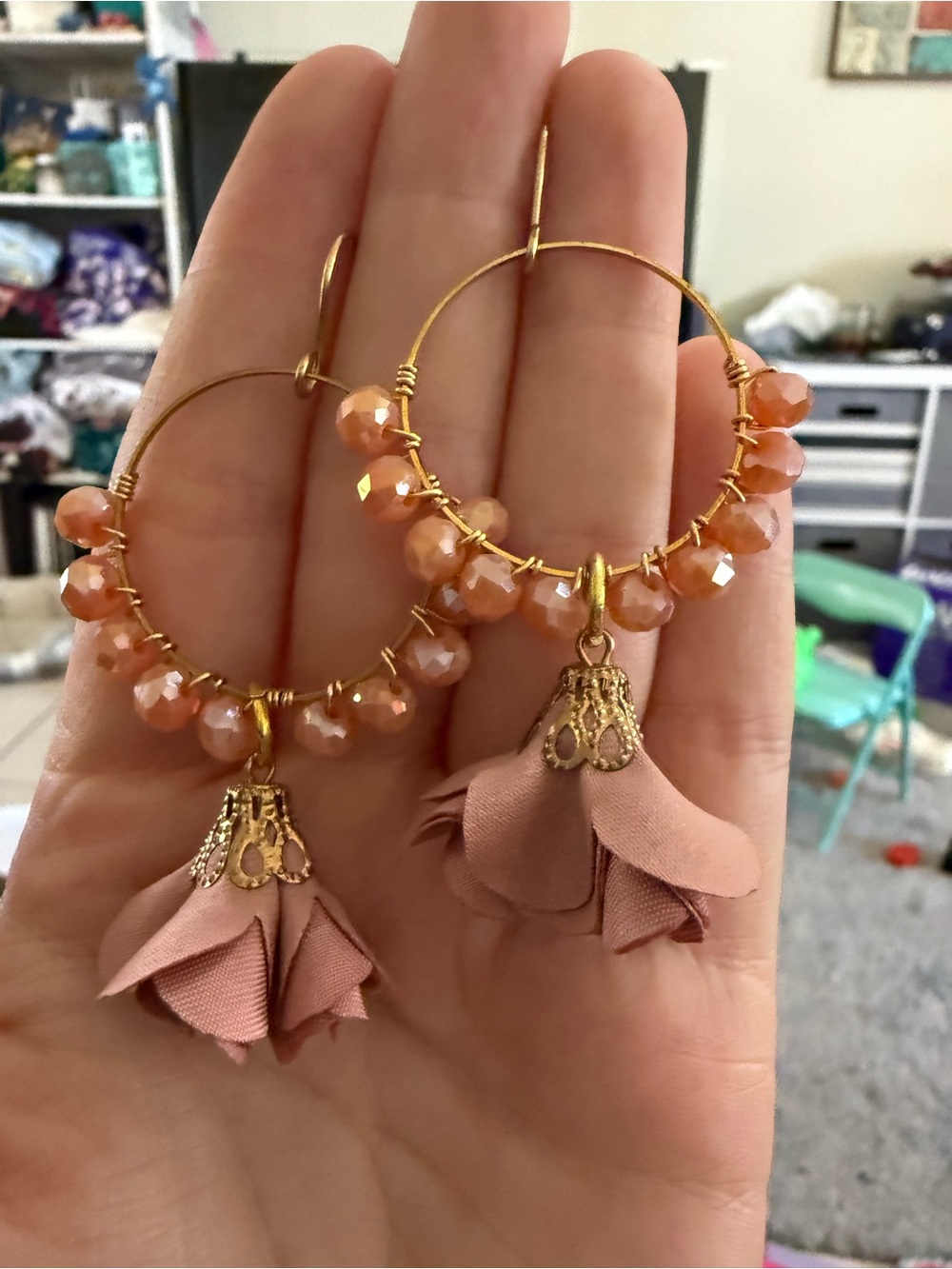 Source Unknown Gold Hoop Earrings with Peach Beads and Dusty Pink Tassels